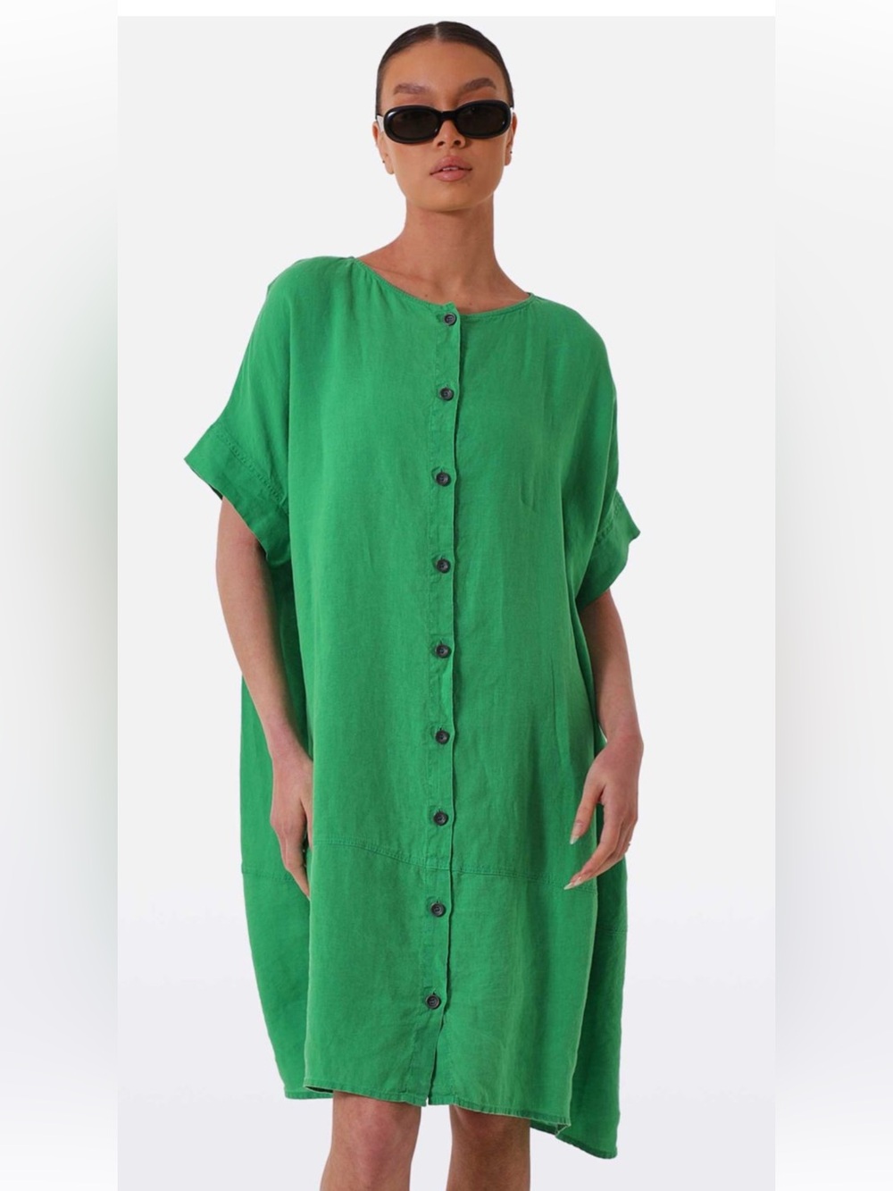 ISCHIKO 100% Hemp Traily Shirt Dress Green Size 1-US 6-8 Pockets Oversized